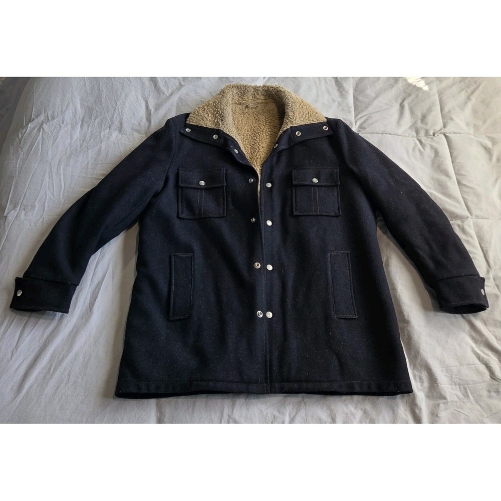 Vtg Great Western By Gleneagles Sherpa Lined Black Coat Jacket Mens 44L Chore